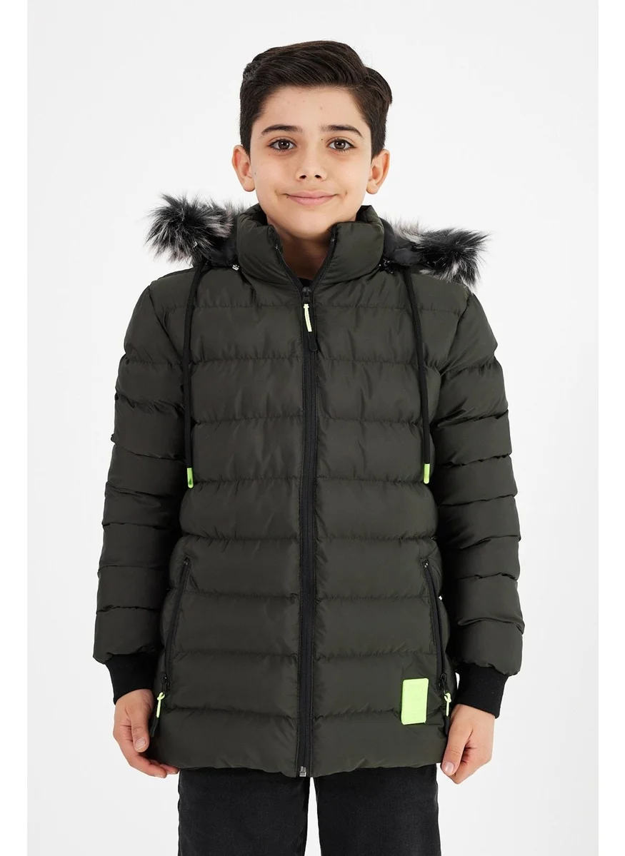 Sivaist Green Boy Detachable Hooded Puffer Leather Blend Fabric Coat & Jacket