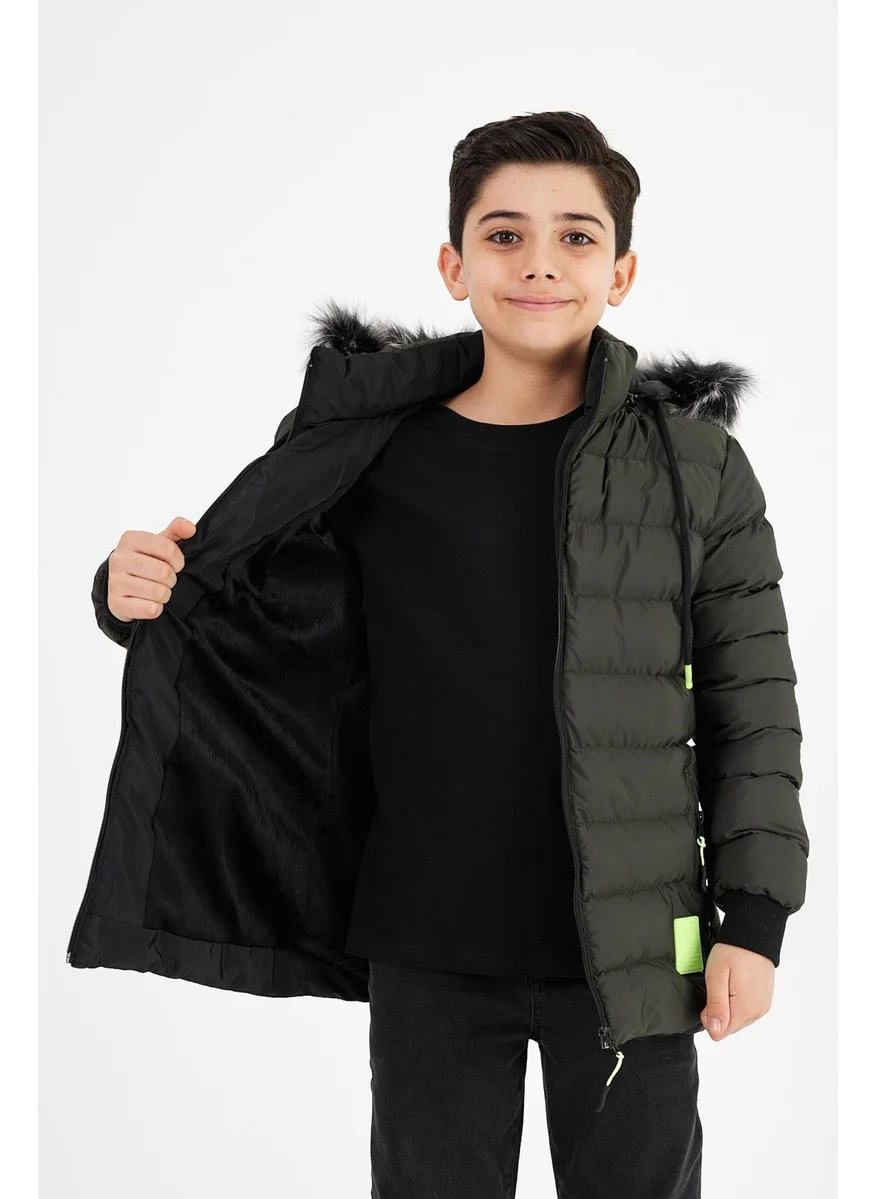 Sivaist Green Boy Detachable Hooded Puffer Leather Blend Fabric Coat & Jacket
