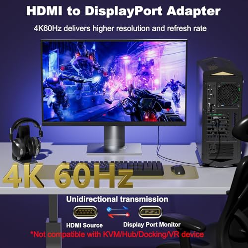 THANDBLE Active HDMI to DisplayPort Adapter (4K 60Hz 1080p 120Hz), Unidirectional HDMI Source to DP Monitor Display Port Adapter Compatible for NVIDIA, AMD, PS5/4, Xbox, PC, Laptop, Computer - Image 2