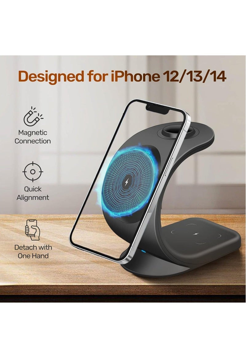 Generic - 3 in 1 Magnetic Wireless Charger, with USB-C Adapter, Charging Station Compatible with MagSafe Stand for Apple iPhone 14 13 12 Plus Pro Max, iWatch 1-8 (Black) - Image 1