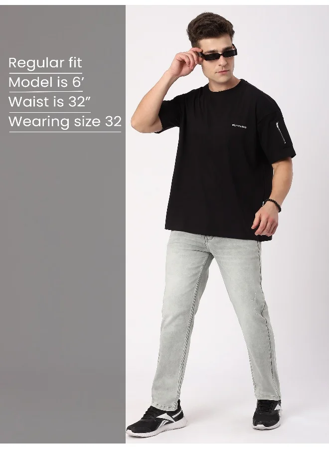 Beyoung Light Grey Whisker Regular Fit Jeans for men