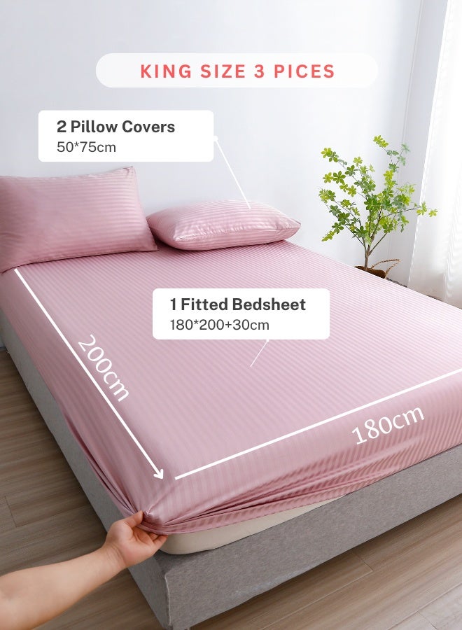 LUNA Home 3 Pcs King Size Fitted sheet with elastic corner 180*200+30cm with 2 pillow cases, bedsheet set, Light old Rose.. - Image 2