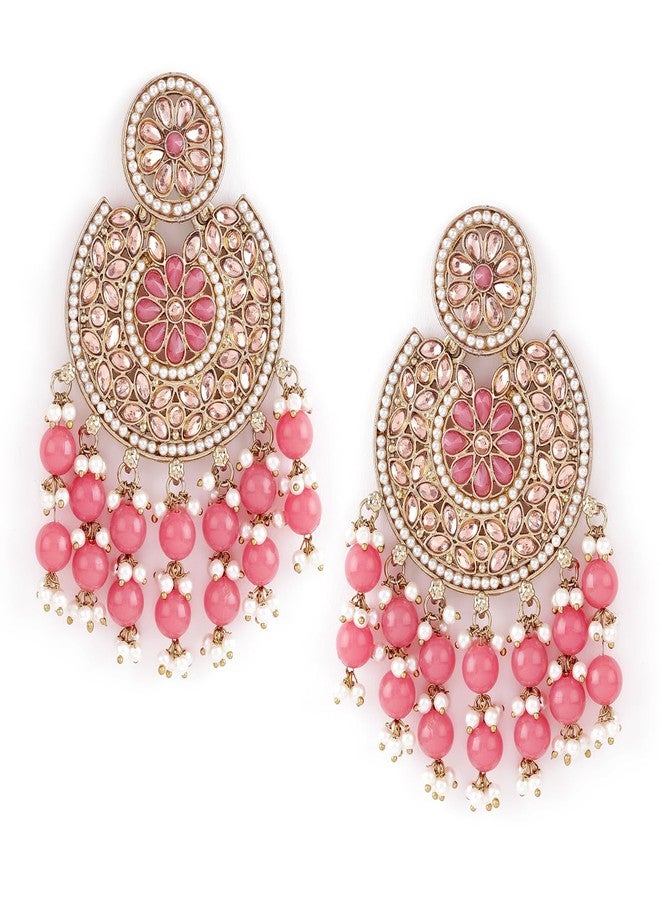Rubans 18K Gold-Plated Handcrafted Pink Bead & Cubic Zirconia Studded Chandelier Earrings for Women & Girls – Perfect for Weddings & Special Occasions - Image 1