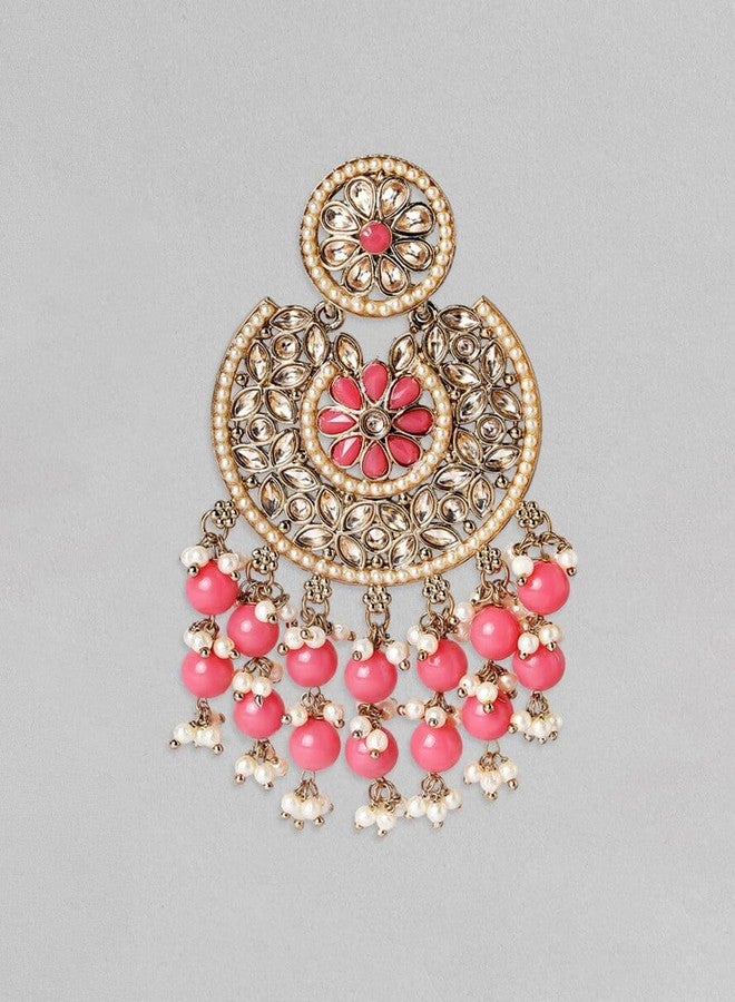 Rubans 18K Gold-Plated Handcrafted Pink Bead & Cubic Zirconia Studded Chandelier Earrings for Women & Girls – Perfect for Weddings & Special Occasions - Image 2