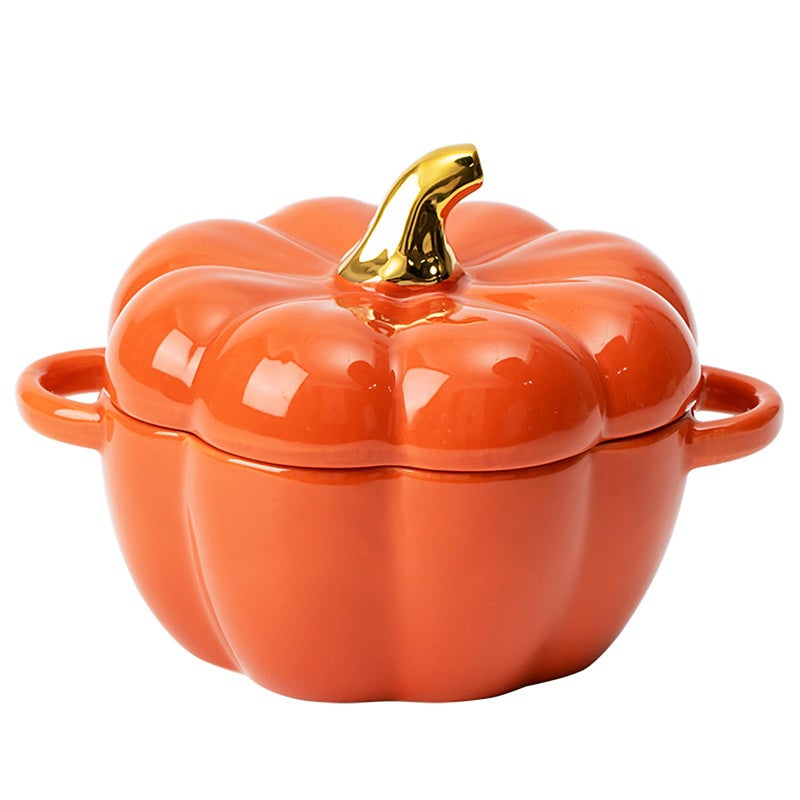 JUSTUP Dutch Oven Pot with Lid, Pumpkin Pottery Dessert Saucepan, Mini Baking Dish Cute Pumpkins Bowl, Covered Dutch Oven Ceramic Stockpot, Pumpkin-Shaped Casserole (Orange) - Image 1