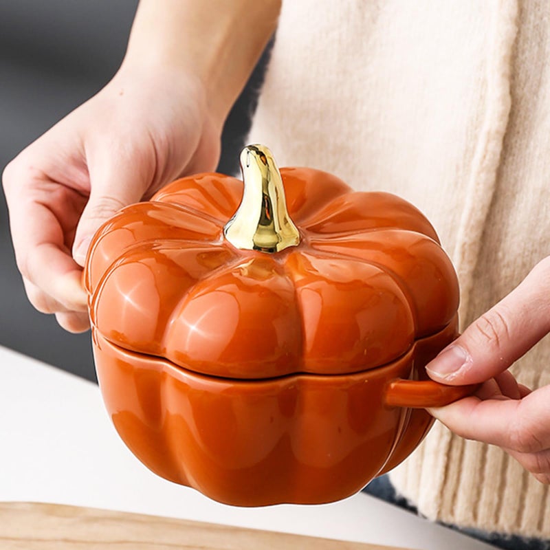 JUSTUP Dutch Oven Pot with Lid, Pumpkin Pottery Dessert Saucepan, Mini Baking Dish Cute Pumpkins Bowl, Covered Dutch Oven Ceramic Stockpot, Pumpkin-Shaped Casserole (Orange) - Image 4