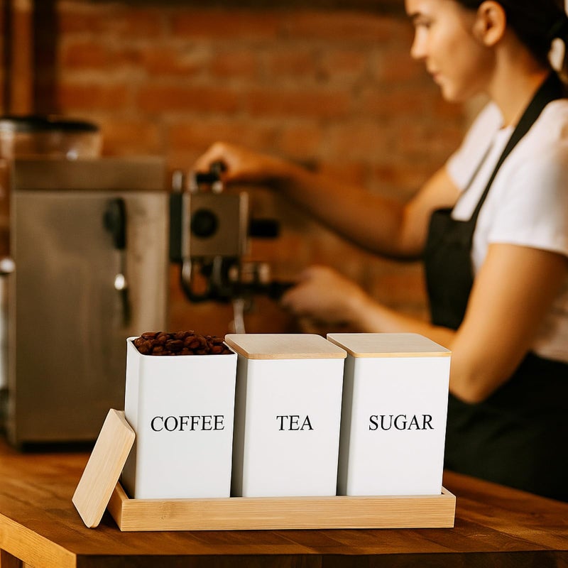 Limbeuuu 3 Pack Coffee Tea Sugar Container with Tray Airtight Metal Canister with Bamboo Lid Tray for Kitchen Counter Dining Room Farm House Kitchen Style Drink Station Organizer Set(White) - Image 4