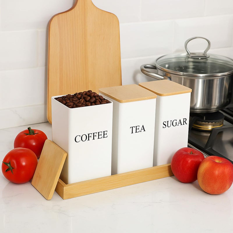 Limbeuuu 3 Pack Coffee Tea Sugar Container with Tray Airtight Metal Canister with Bamboo Lid Tray for Kitchen Counter Dining Room Farm House Kitchen Style Drink Station Organizer Set(White) - Image 3