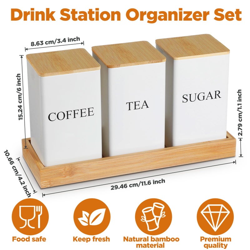 Limbeuuu 3 Pack Coffee Tea Sugar Container with Tray Airtight Metal Canister with Bamboo Lid Tray for Kitchen Counter Dining Room Farm House Kitchen Style Drink Station Organizer Set(White) - Image 2