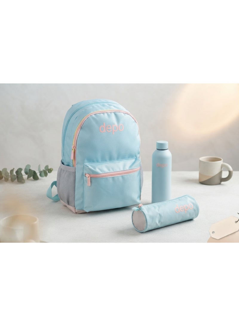Depo 3-Piece School Backpack Set with Pencil Case & Water Bottle – Lightweight Everyday Backpack for Kids, Teens & Students – Sky Blue & Soft Pink - Image 1