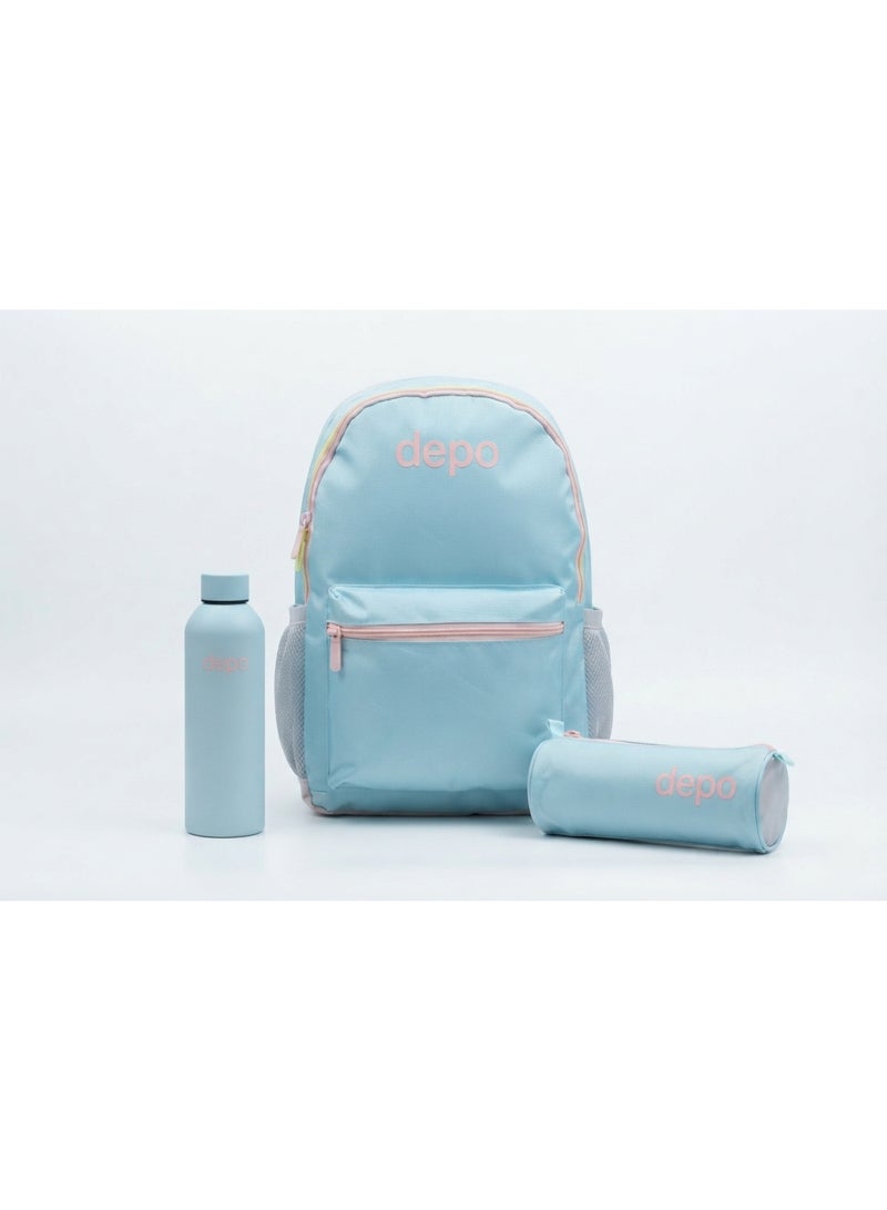 Depo 3-Piece School Backpack Set with Pencil Case & Water Bottle – Lightweight Everyday Backpack for Kids, Teens & Students – Sky Blue & Soft Pink - Image 2