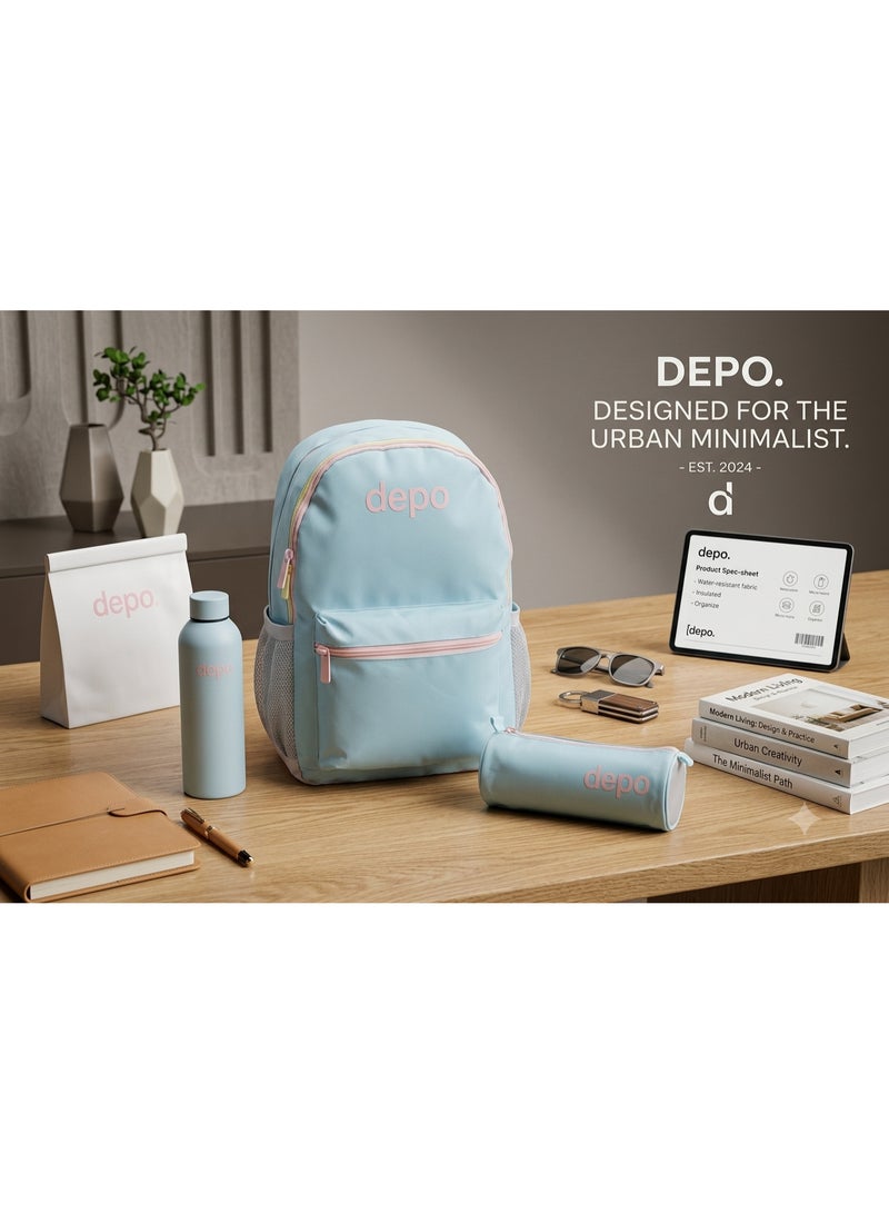 Depo 3-Piece School Backpack Set with Pencil Case & Water Bottle – Lightweight Everyday Backpack for Kids, Teens & Students – Sky Blue & Soft Pink - Image 3