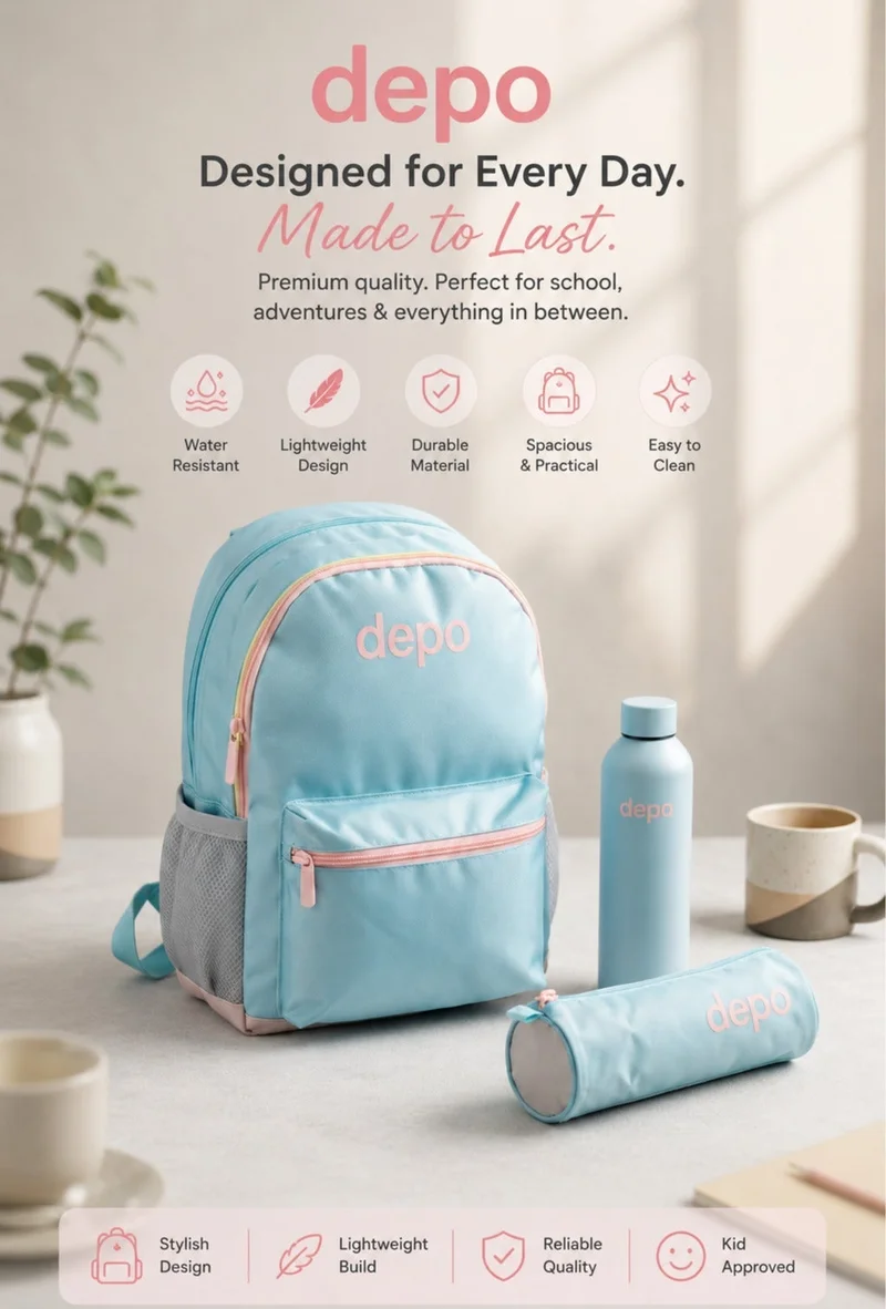 Depo 3-Piece School Backpack Set with Pencil Case & Water Bottle – Lightweight Everyday Backpack for Kids, Teens & Students – Sky Blue & Soft Pink