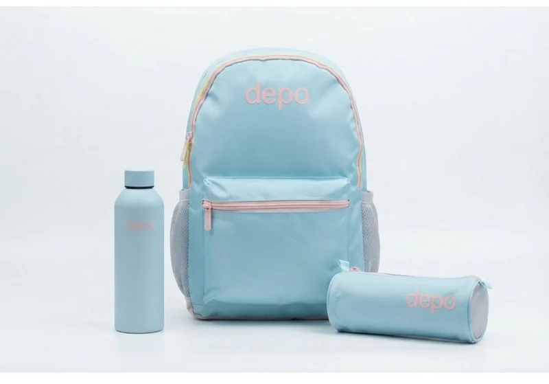 Depo 3-Piece School Backpack Set with Pencil Case & Water Bottle – Lightweight Everyday Backpack for Kids, Teens & Students – Sky Blue & Soft Pink