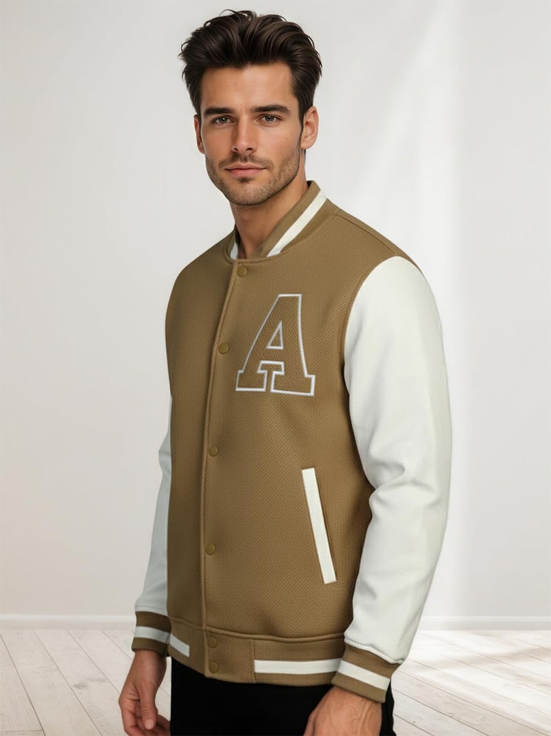 CHKOKKO Men’s Regular Varsity Jacket with Snap Button Closure and Patch Design Trendy Comfortable Outerwear for College Travel and Casual Wear Camal Cream S - Image 5