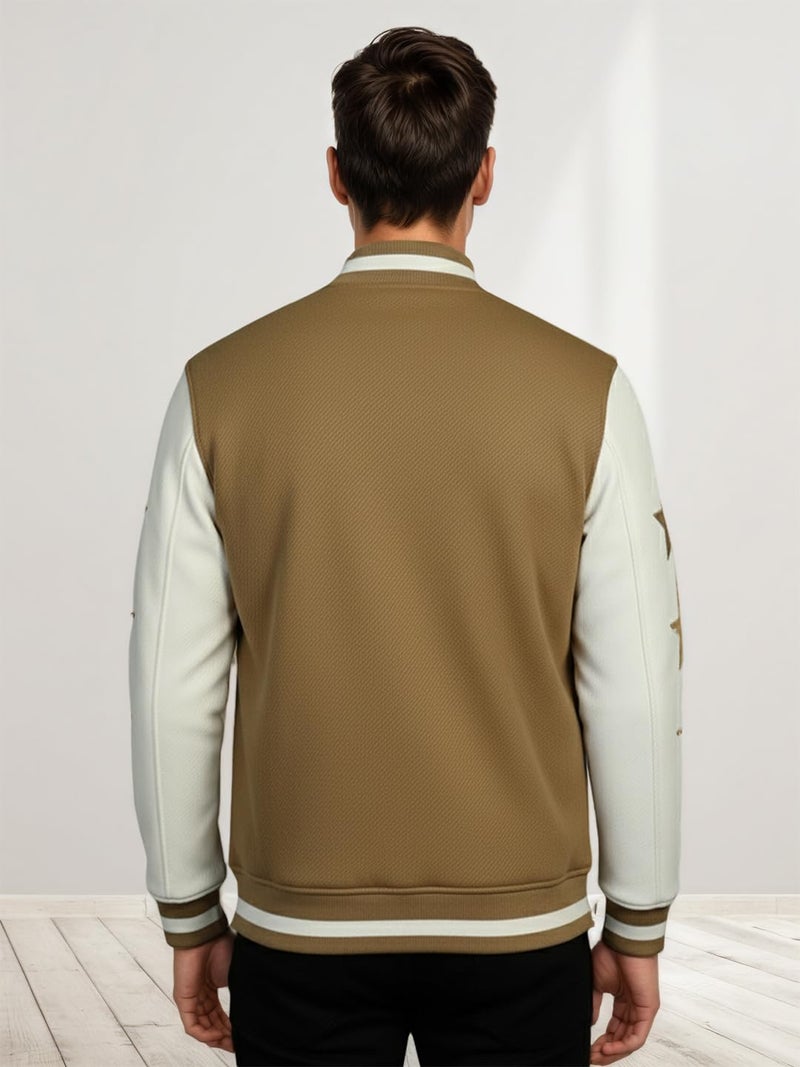 CHKOKKO Men’s Regular Varsity Jacket with Snap Button Closure and Patch Design Trendy Comfortable Outerwear for College Travel and Casual Wear Camal Cream S - Image 3