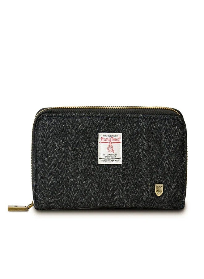 Islander HarrisTweed & PU Leather women’s long zip purse, Black Herringbone, Carry Cash & card, Scottish Style - Image 1