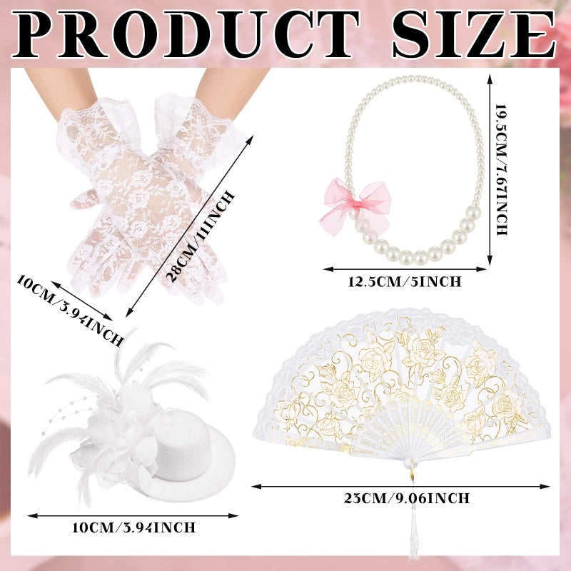 Sintege 4 Pcs Girls Tea Party Set Girls Tea Party Accessories Gloves Hats Necklace Fans for Toddler(White) - Image 3