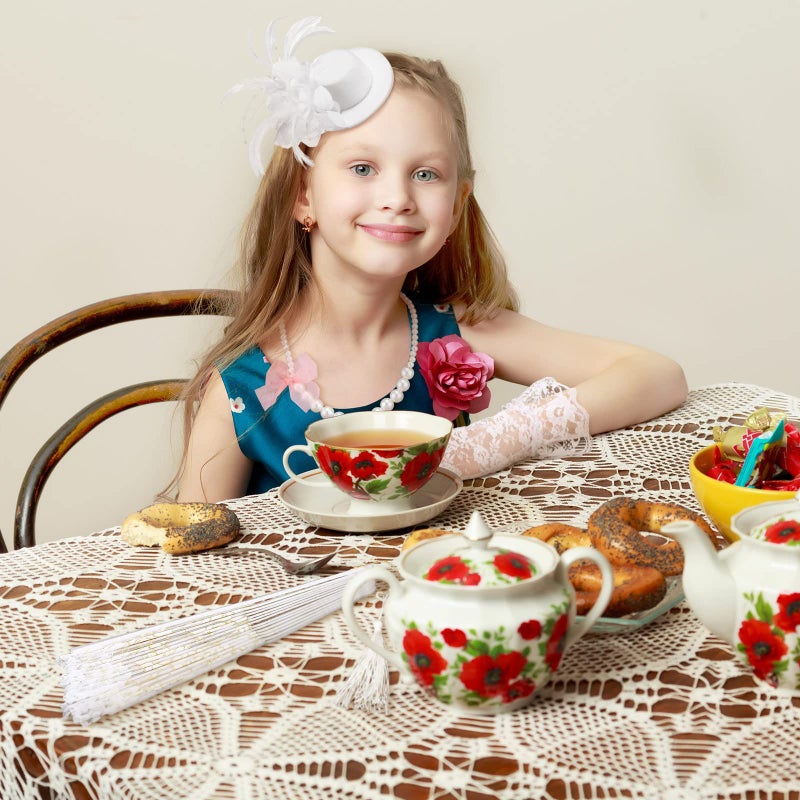 Sintege 4 Pcs Girls Tea Party Set Girls Tea Party Accessories Gloves Hats Necklace Fans for Toddler(White) - Image 4