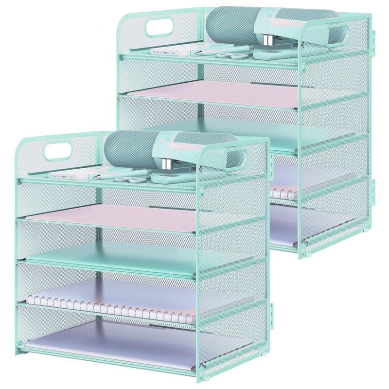 2 Pack Letter Tray Paper Organizer 5-Tier Desk Organizer File Organizer Paper Holder with Handle, Metal Desktop Document Shelf Tray Office Classroom Organization - Blue