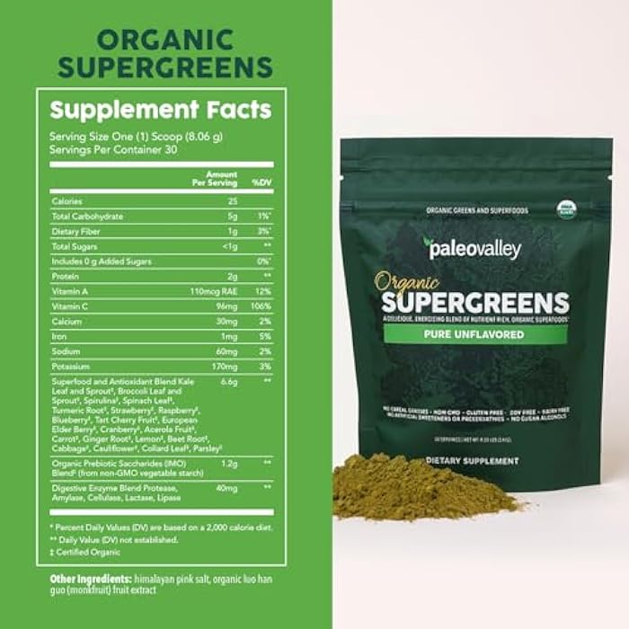 Paleovalley Organic Supergreens Powder - 23 Superfoods with Prebiotic Fiber for Energy and Immunity Support - No Cereal Grasses for Maximum Absorption - Pure Unflavored, 30 Servings - Image 2