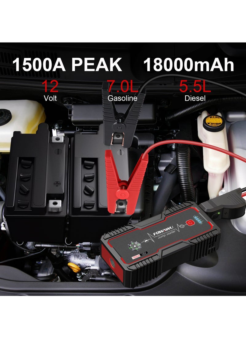 FOWAWU - FOWAWU 18000mAh 1500A Car Jump Starter, Jump Starter Battery Pack (7.0 L Gas, 5.5L Diesel), Battery Jumper Starter Portable with USB/DC 12V/LED Light, Car Battery Charger, Car Power Bank, Portable Battery For Cars, Portable Car Battery, Battery Booster Jump Starter, Power Bank Car Starter, Jump Starter Capacitor - Image 1