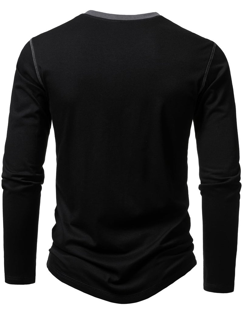LucMatton Men's Slim-Fit Stretch Henley Shirt Long-Sleeve T-Shirt for Casual Fashion with 3-Button Placket Black Large - Image 3