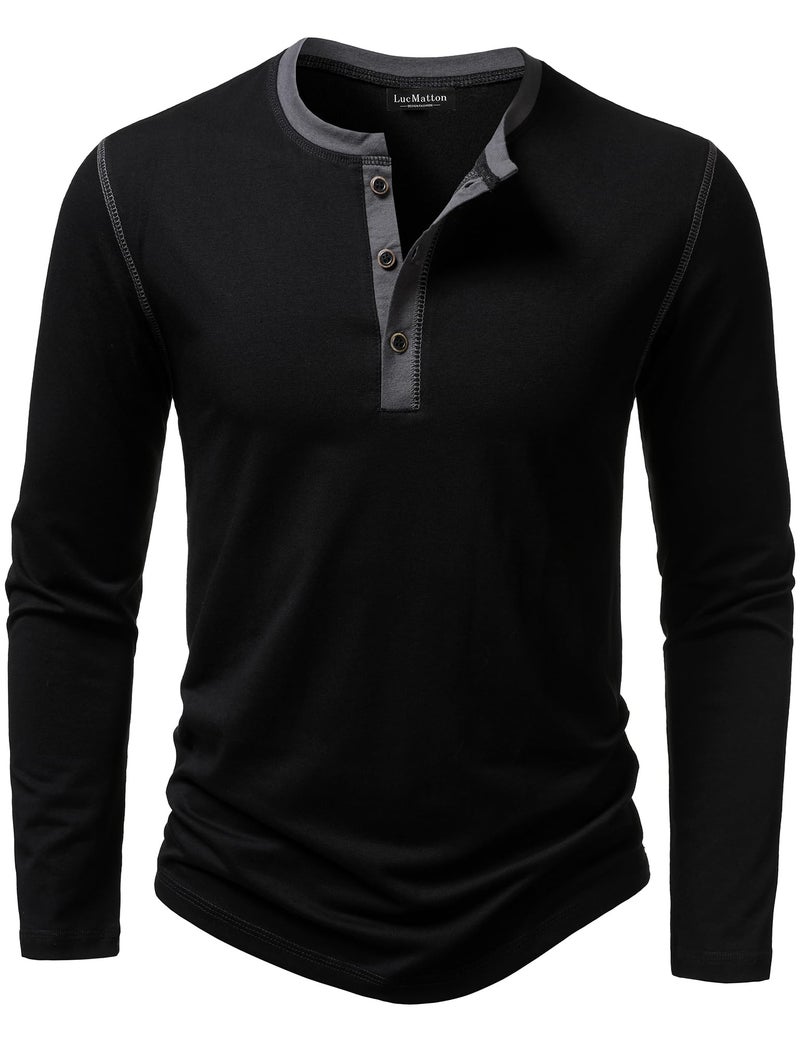 LucMatton Men's Slim-Fit Stretch Henley Shirt Long-Sleeve T-Shirt for Casual Fashion with 3-Button Placket Black Large - Image 1