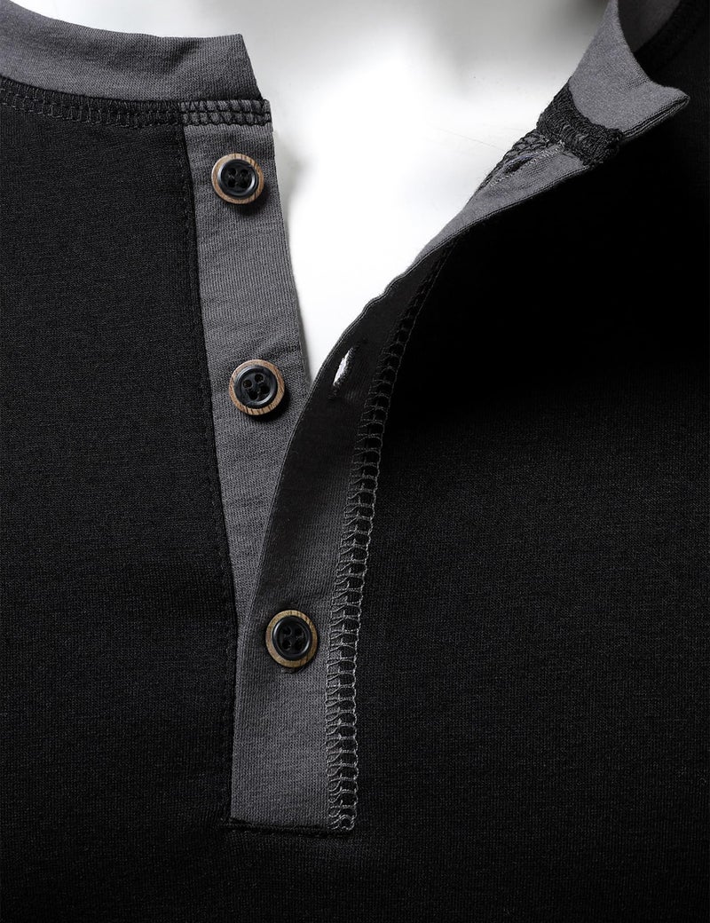 LucMatton Men's Slim-Fit Stretch Henley Shirt Long-Sleeve T-Shirt for Casual Fashion with 3-Button Placket Black Large - Image 4