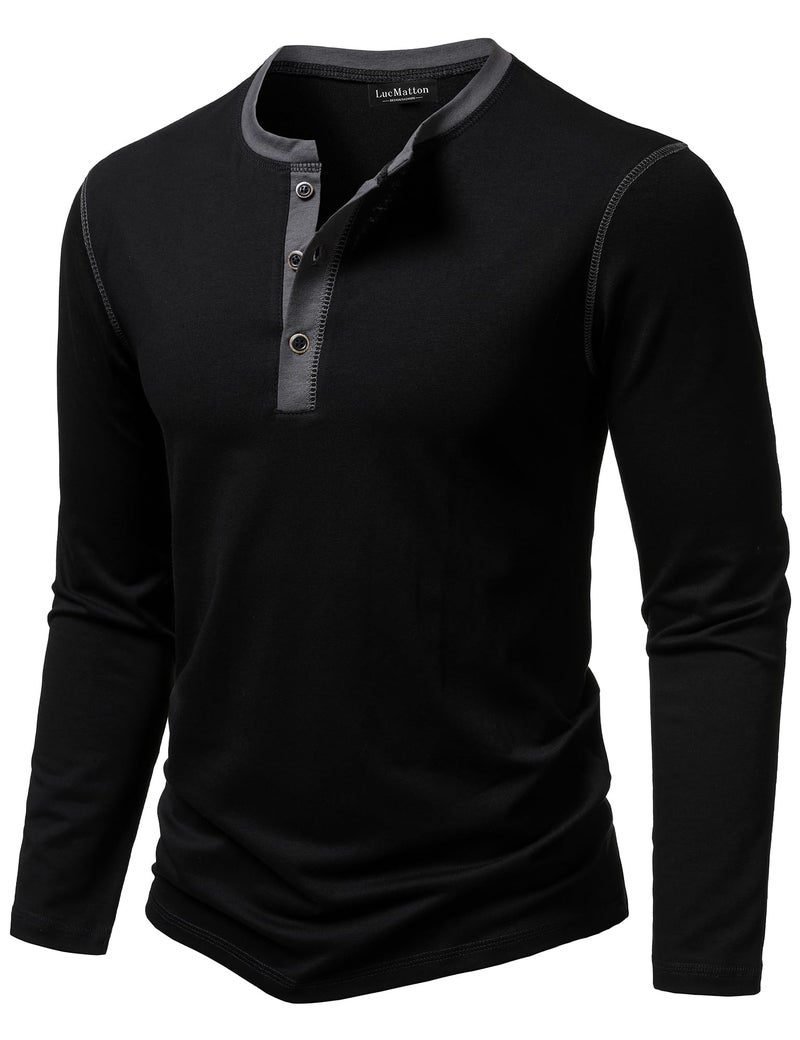LucMatton Men's Slim-Fit Stretch Henley Shirt Long-Sleeve T-Shirt for Casual Fashion with 3-Button Placket Black Large - Image 2