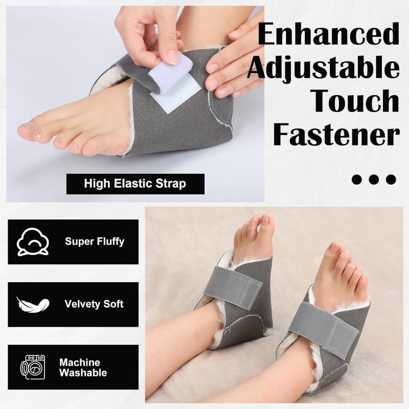 Grey Soft Sheepskin Heel Protectors Adjustable Strap Pressure Sore Relief - Breathable Design Cushions Heel Pressure for Bed Sore Prevention Ankle Ulcer Care - Image 5