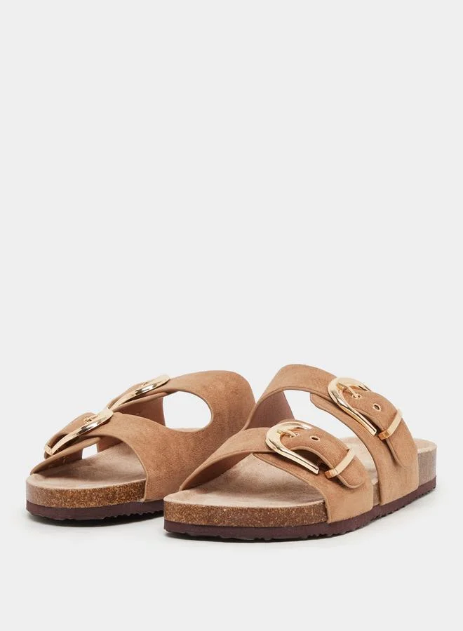 Styli Styli Suede Look Slip-On Flat Sandals with Buckle Detail