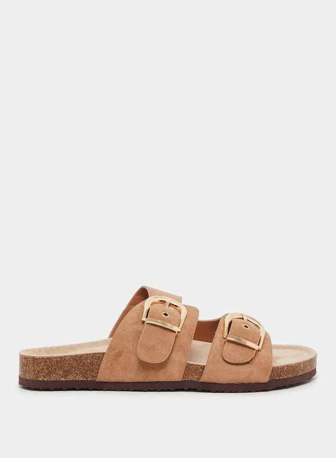 Styli Styli Suede Look Slip-On Flat Sandals with Buckle Detail