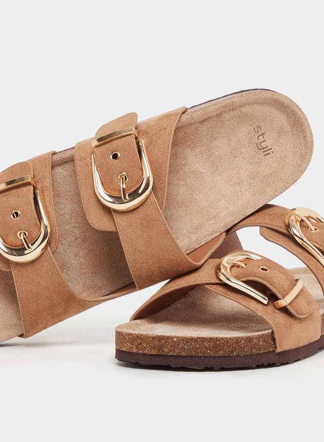 Styli Styli Suede Look Slip-On Flat Sandals with Buckle Detail  - Image 3