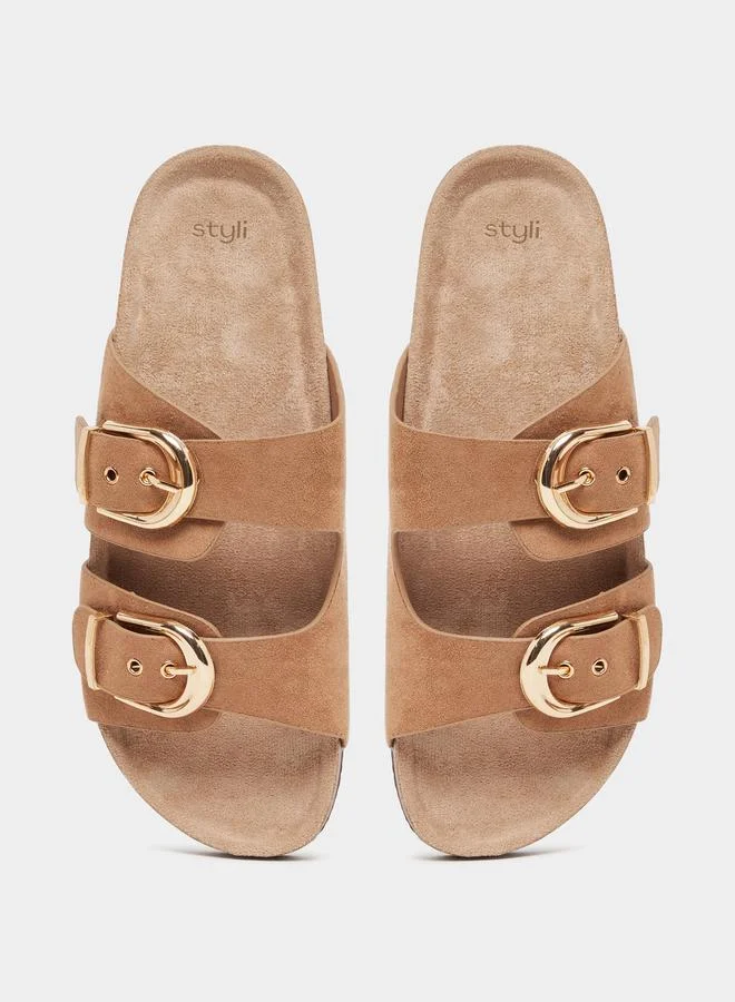 Styli Styli Suede Look Slip-On Flat Sandals with Buckle Detail