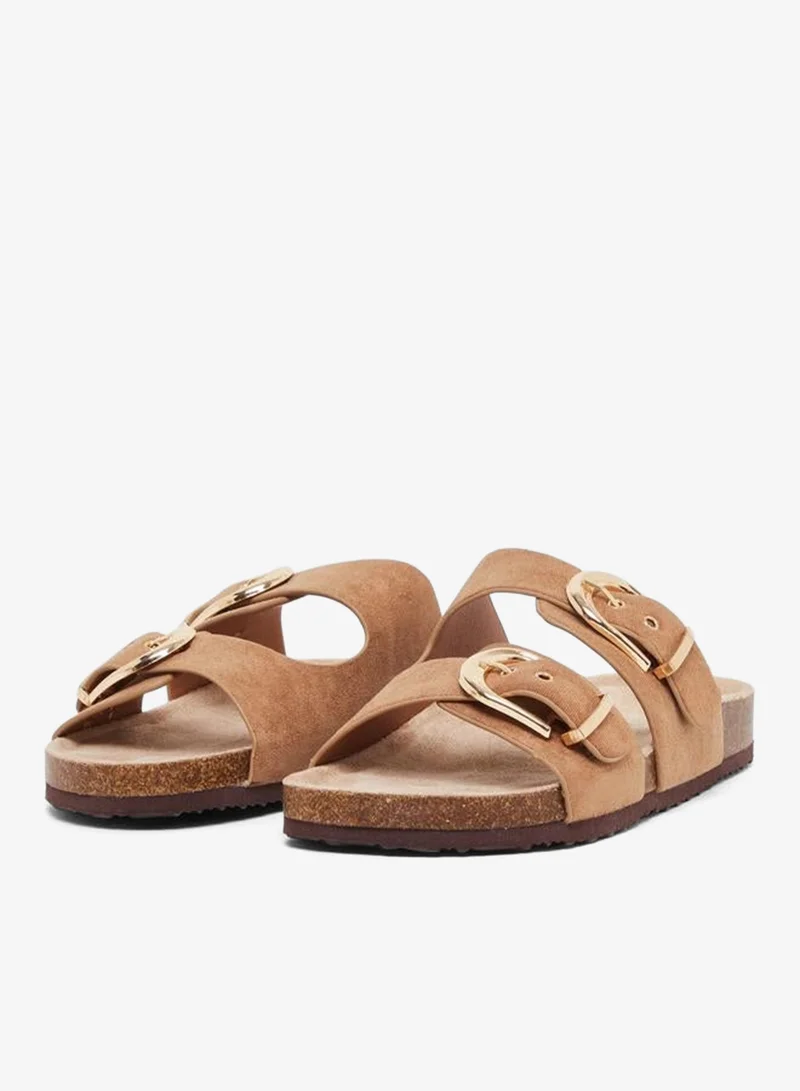 Styli Styli Suede Look Slip-On Flat Sandals with Buckle Detail