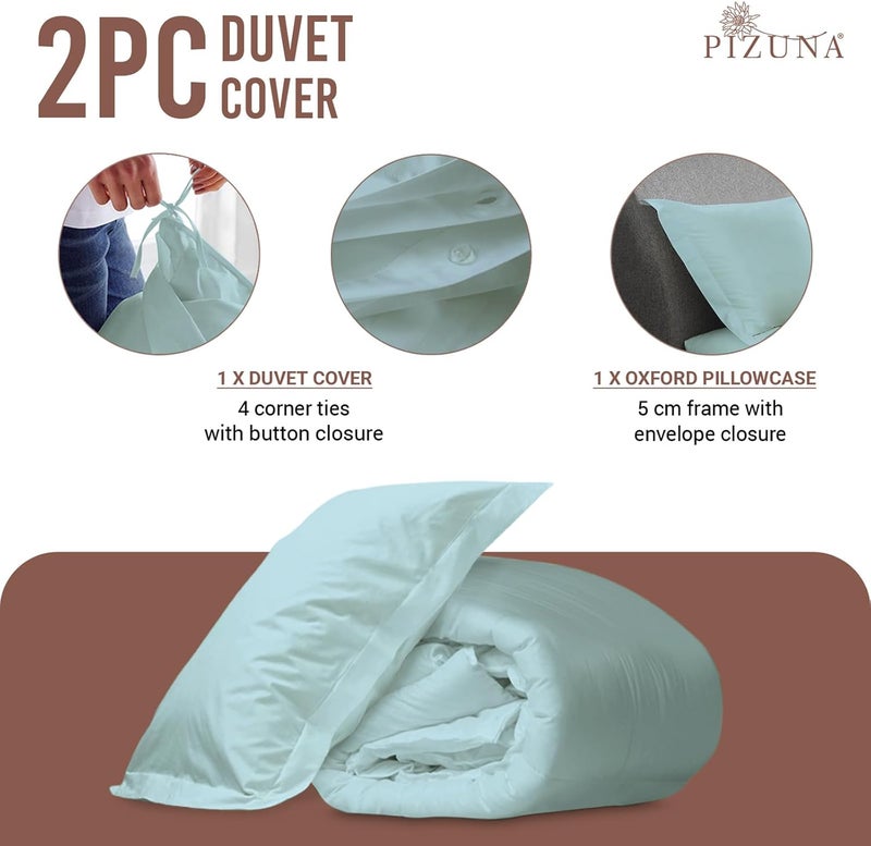PIZUNA 100% Cotton GCC Single Duvet Cover Set 160x210 cm Baby Blue, 400 Thread Count Long Staple Cotton Sateen Weave Duvet Cover Set with 1 Pillowcase (Baby Blue Bedding Duvet Cover Sets) - Image 3