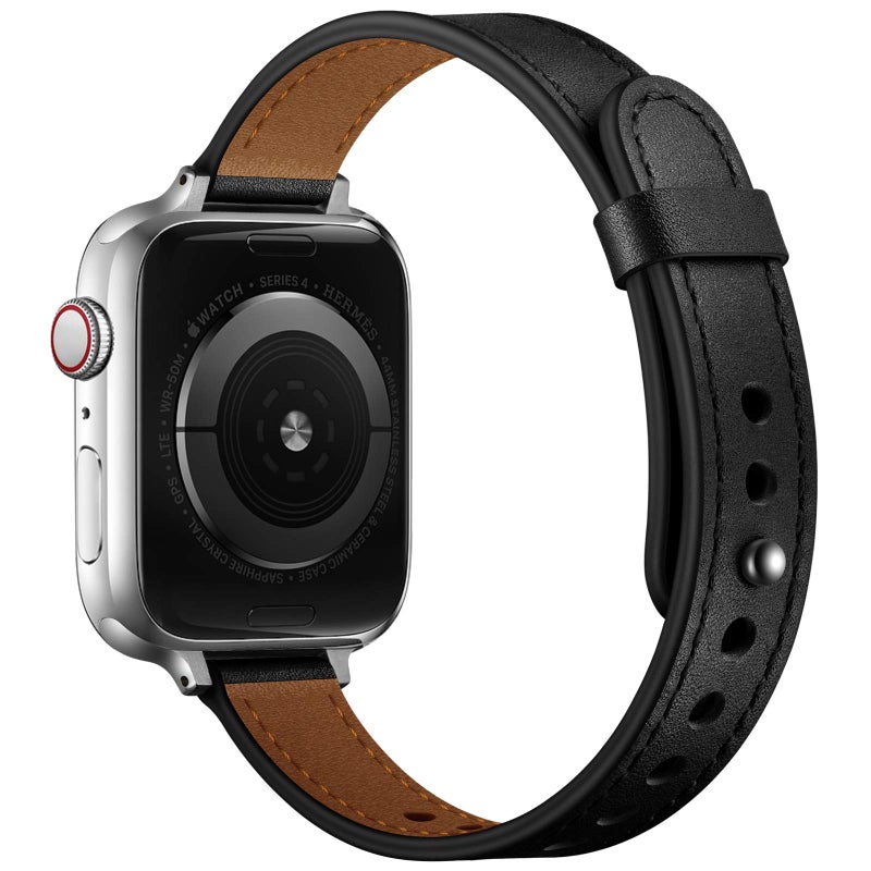 OUHENG أشرطة OUHENG الرفيعة المتوافقة مع ساعة آبل 42 مم 41 مم 40 مم 38 مم، حزام جلد طبيعي رفيع بديل للنساء لساعة iWatch SE2 SE السلسلة 10 9 8 7 6 5 4 3 2 1 (أسود/فضي) - Image 2