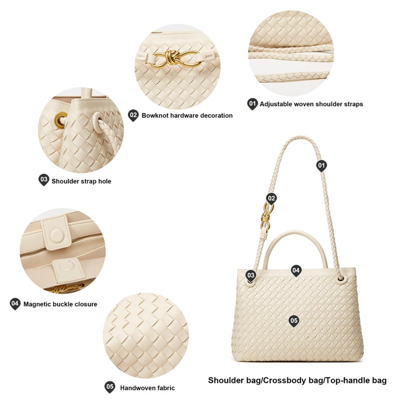 BOYATU Woven Tote Bag Womens Purse: Vegan Leather Shoulder Handbags - Fashion Summer Beach Tote Bags - Large Travel Totes Handwoven Satchel for Holidays (Off-white) - Image 5