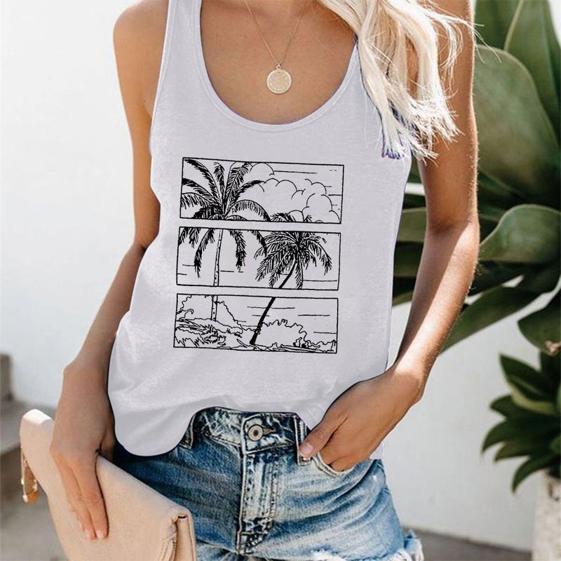 Vacation Casual Vest Womens European and American Spot Loose Large Size Coconut Tree Printed Top Foreign Trade Hurdle Vest Wholesale Black - Image 3