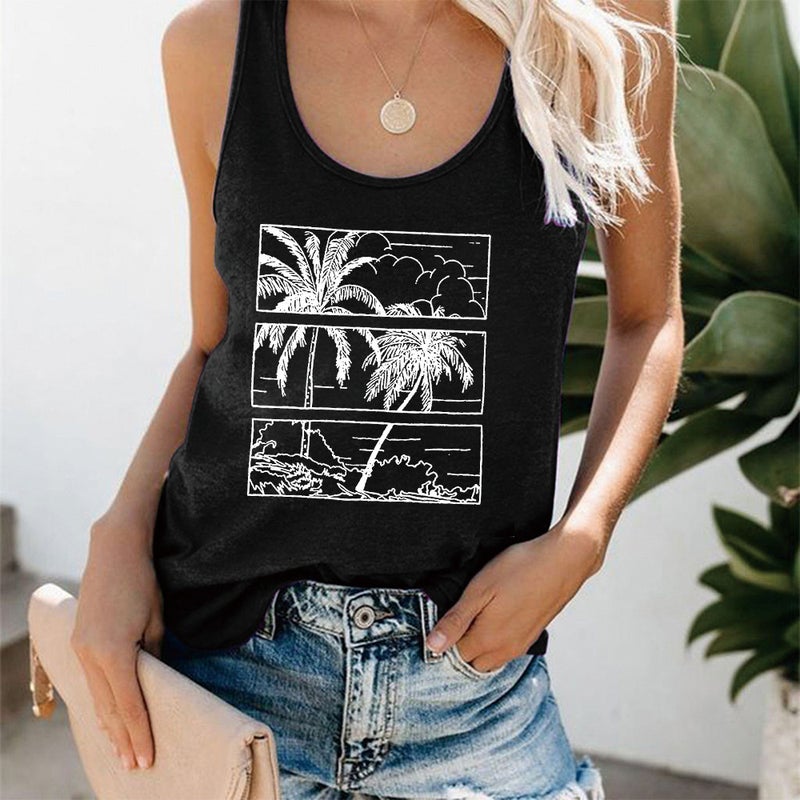 Vacation Casual Vest Womens European and American Spot Loose Large Size Coconut Tree Printed Top Foreign Trade Hurdle Vest Wholesale Black - Image 1