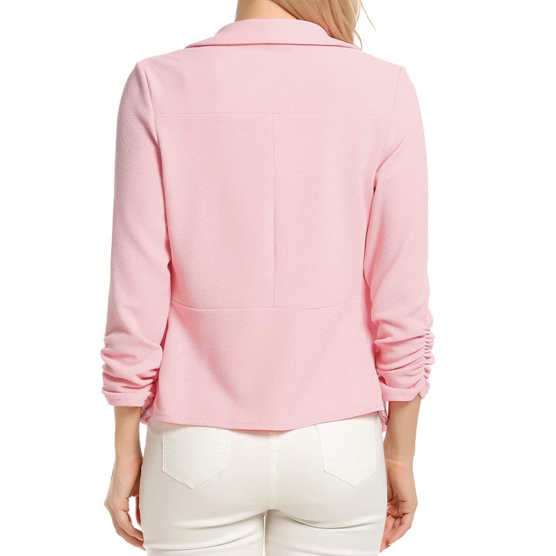 POGTMM Pink Blazer 3/4 Stretchy Ruched Sleeve Open Front Lightweight Work Office Blazer Jacket S-XXL (M, Pink) - Image 3