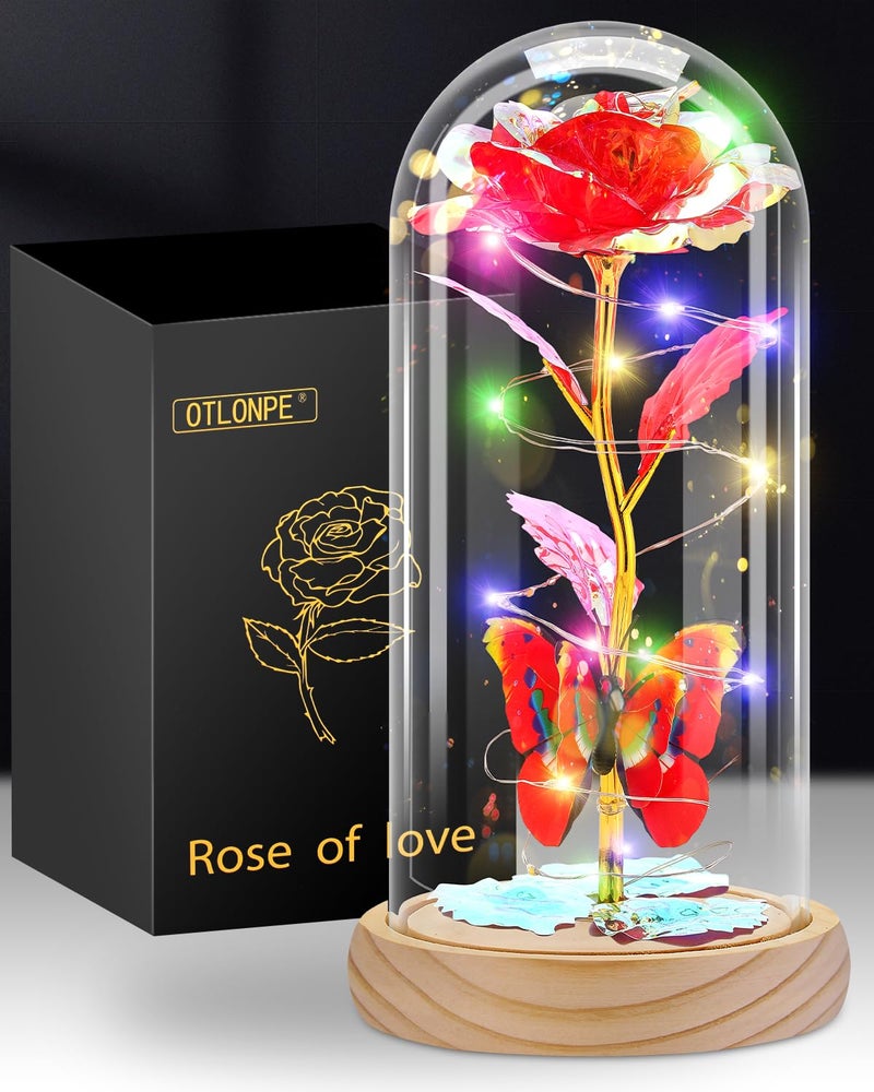 Otlonpe Rose Flower Gifts for Women Mothers Day Flowers Gifts for Mom Wife Grandma Birthday Gifts for Women Led Light Up Glass Rose Handmade Flower Women Gifts for Mothers Day Christmas (Wood Red) - Image 1