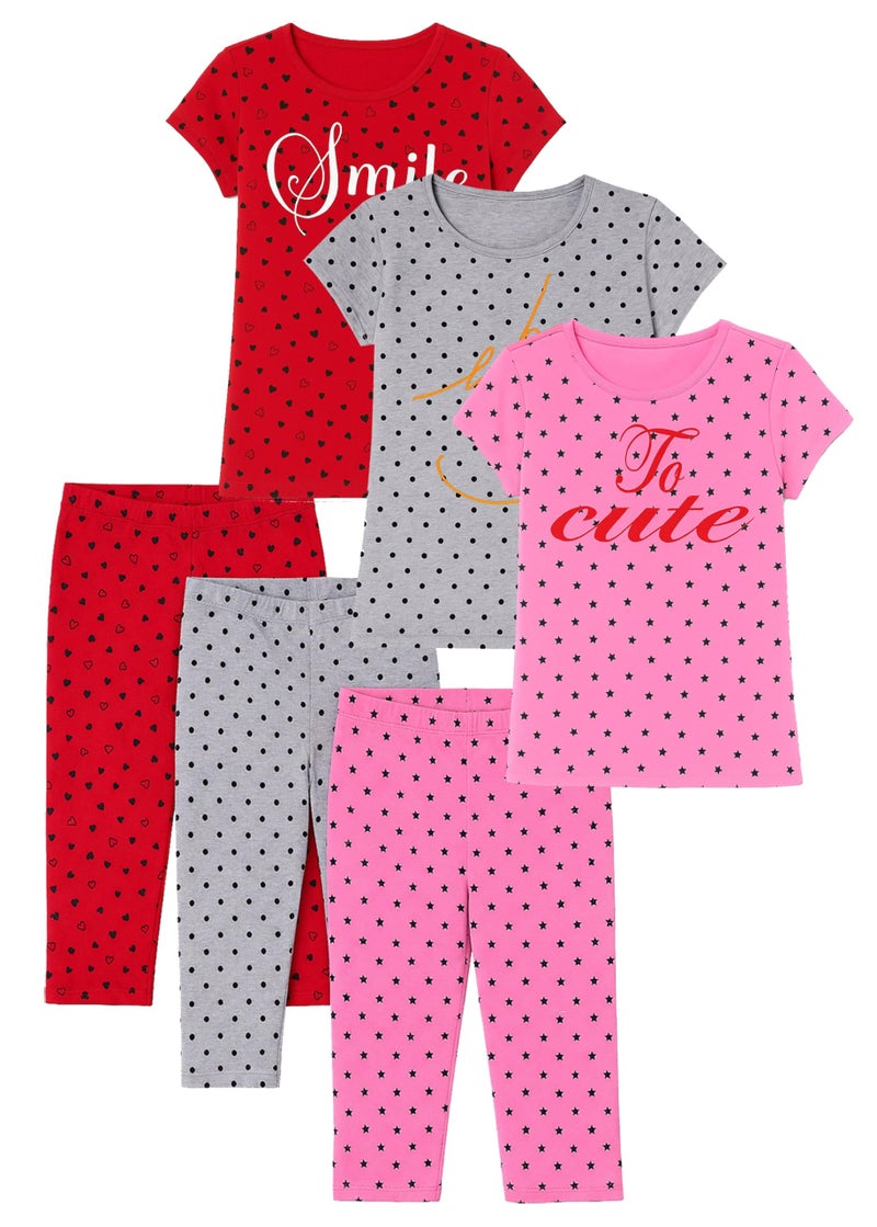 ICEDIVE Girls Printed Cotton T-Shirt with Capri Pajamas Set of 3 Multicolored - Image 1