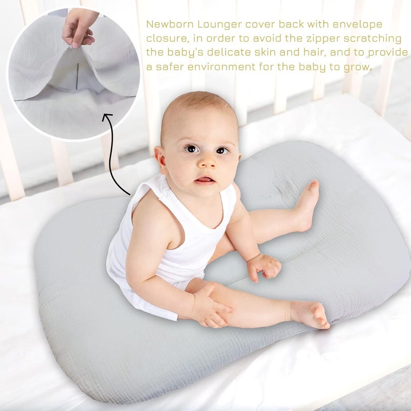 Hooyax Baby Lounger Cover 2 Pack - 100% Muslin Cotton Newborn Lounger Pillow Covers Only, Soft Breathable Infant Lounger Cover with Reinforced Stitching, Fits Most Standard Baby Loungers (Grey Cream) - Image 5