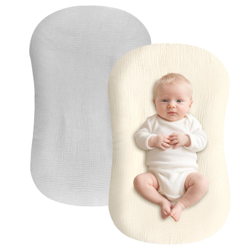 Hooyax Baby Lounger Cover 2 Pack - 100% Muslin Cotton Newborn Lounger Pillow Covers Only, Soft Breathable Infant Lounger Cover with Reinforced Stitching, Fits Most Standard Baby Loungers (Grey Cream) - Image 1