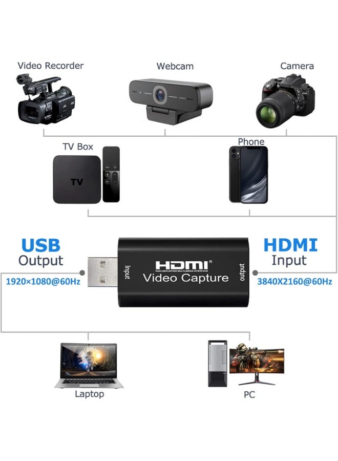 بطاقة التقاط فيديو HDMI بدقة 4K، بطاقة التقاط ألعاب Cam Link، محول التقاط الصوت HDMI إلى USB 2.0، جهاز التقاط التسجيل للبث المباشر، مؤتمرات الفيديو، التدريس، الألعاب (أسود) - Image 3