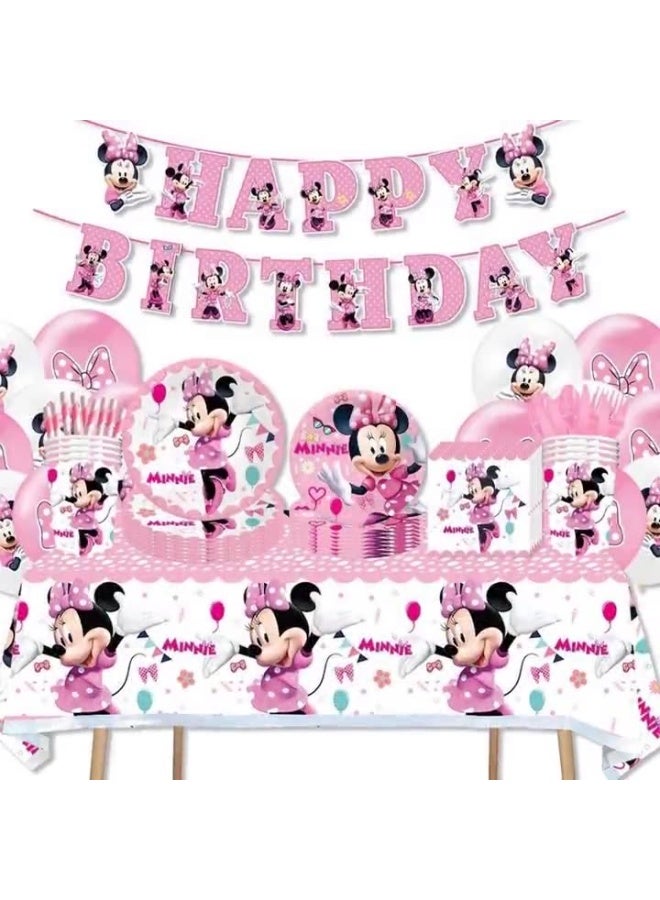 Minnie Mouse 96PCS Minnie Birthday Party Decorations for 10 Guests, Minnie Birthday Disposable Tableware Set Minnie Theme  Banner Paper Plates Set - Image 1