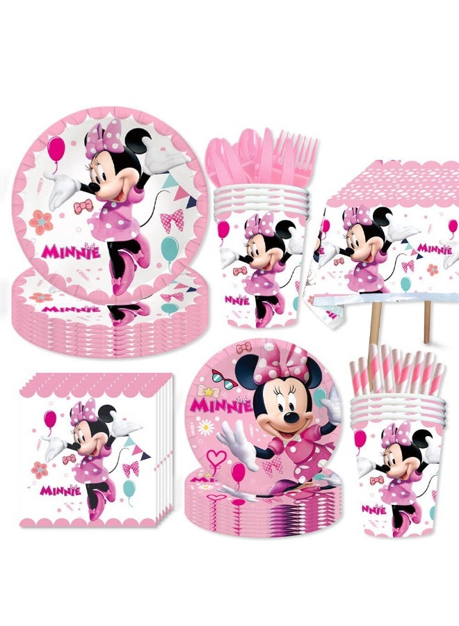 Minnie Mouse 96PCS Minnie Birthday Party Decorations for 10 Guests, Minnie Birthday Disposable Tableware Set Minnie Theme  Banner Paper Plates Set - Image 3