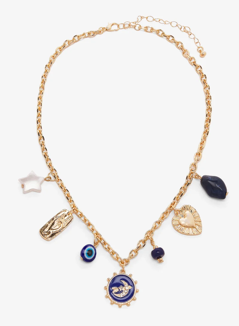 ELLA Evil Eye Detail Charms Necklace Gold Detail